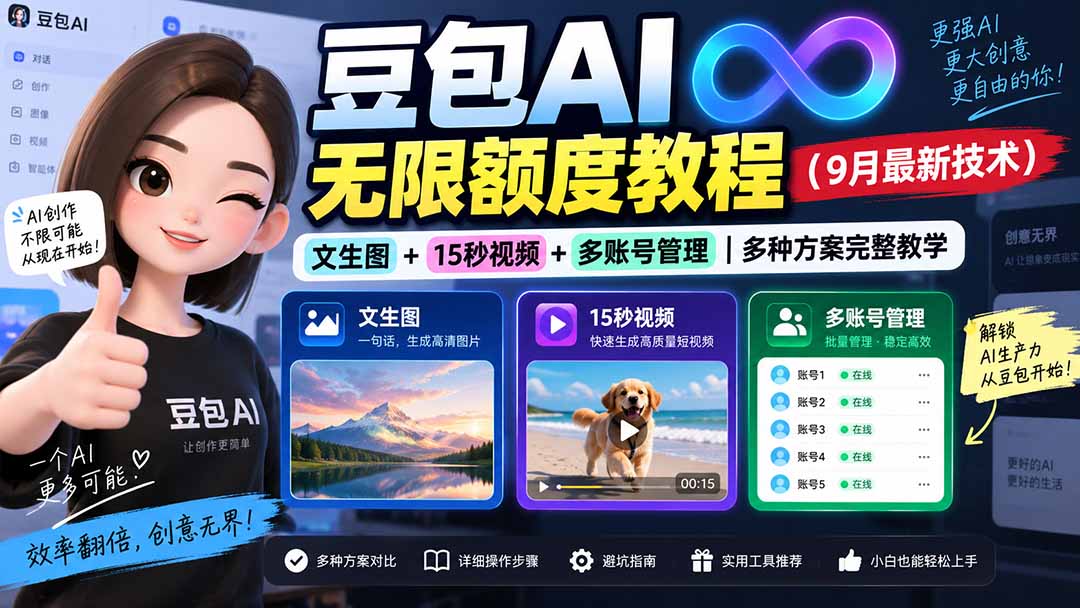 (20288期)豆包AI无限额度教程(9月最新技术)|文生图+15秒视频+多账号管理|多种方案完整教学-网赚副业网