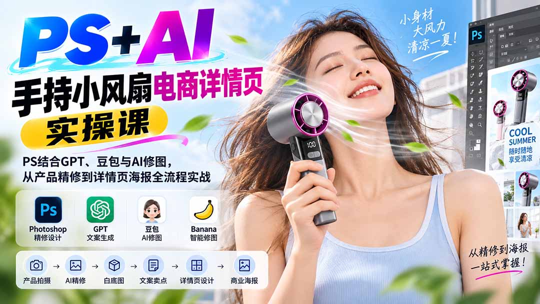 (20273期)PS+AI手持小风扇电商详情页实操课:PS结合GPT、豆包与AI修图,从产品精修到详情页海报全流程实战-网赚副业网