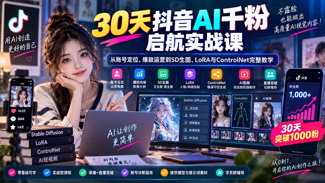 (20291期)30天抖音AI千粉启航实战课:从账号定位、爆款运营到SD生图、LoRA与ControlNet完整教学-网赚副业网