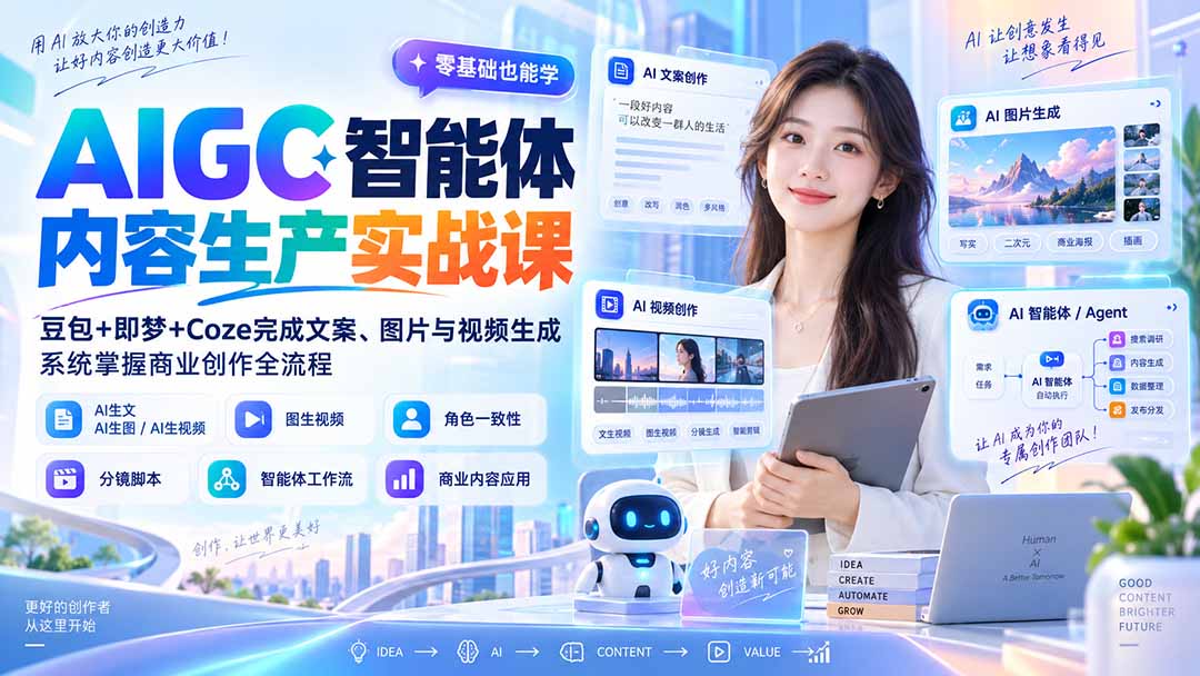 (20372期)AIGC智能体内容生产实战课:豆包+即梦+Coze完成文案、图片与视频生成,系统掌握商业创作全流程-网赚副业网