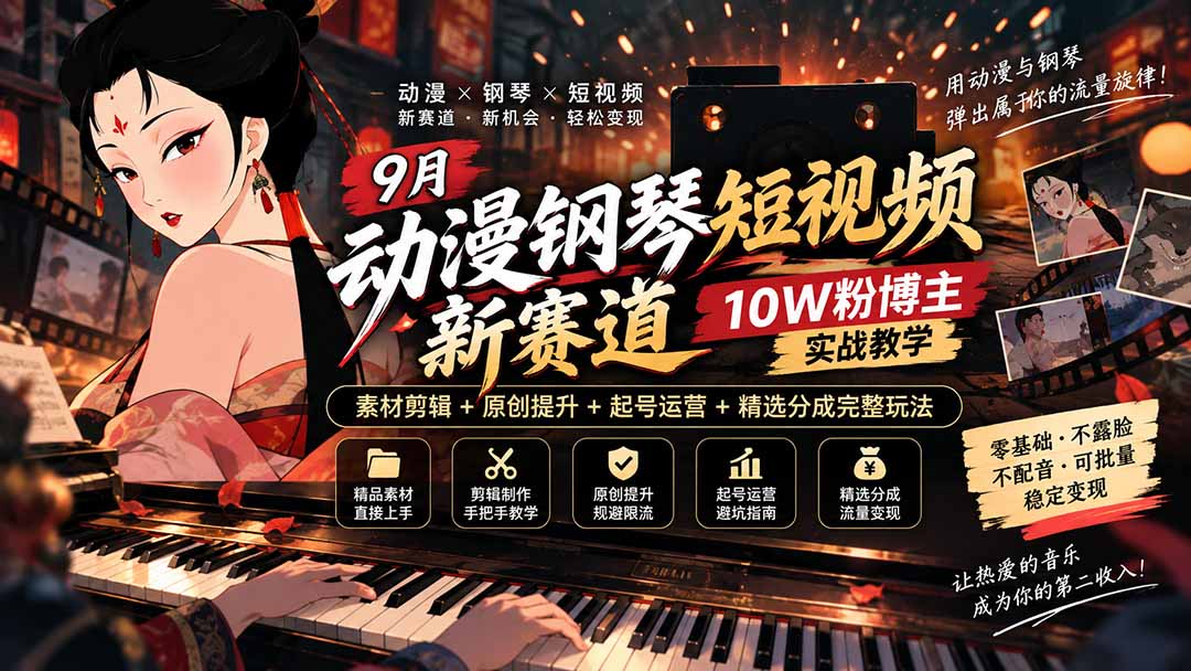 (20506期)9月动漫钢琴短视频新赛道|10W粉博主实战教学,素材剪辑+原创提升+起号运营+精选分成完整玩法-网赚副业网