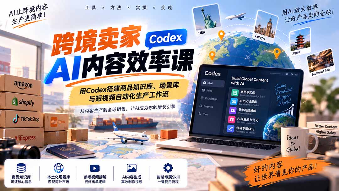 (20595期)跨境卖家AI内容效率课:用Codex搭建商品知识库、场景库与短视频自动化生产工作流-网赚副业网