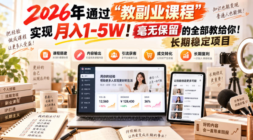 (20468期)2026年通过“教副业课程”实现月入1-5W!毫无保留的全部教给你!长期稳定项目-网赚副业网