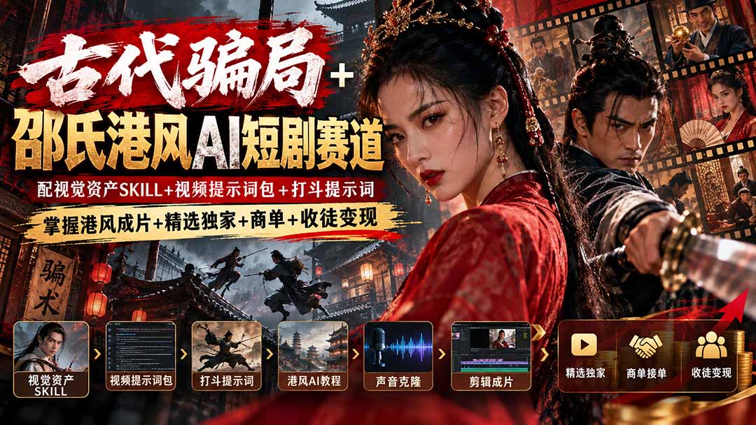 （20684期）古代骗局+邵氏港风AI短剧赛道：配视觉资产SKILL+视频提示词包+打斗提示词，掌握港风成片+精选独家+商单+收徒变现-网赚副业网