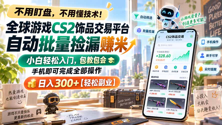 (20454期)全球游戏CS2饰品交易平台自动批量捡漏赚米,小白轻松入门,包教包会,手机即可完成全部操作,日入300+【轻松副业】-网赚副业网
