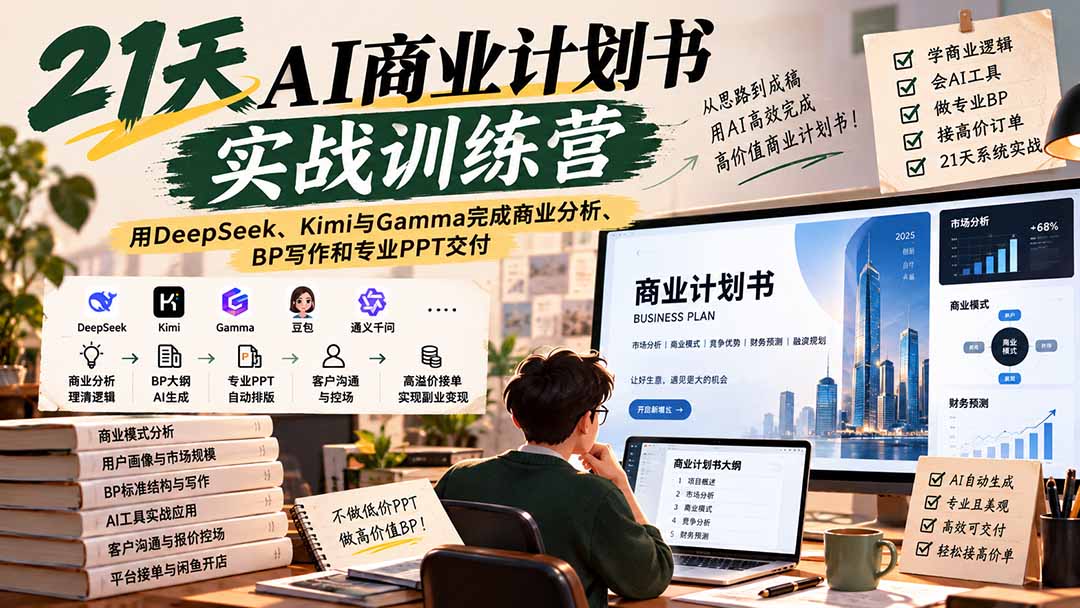(20637期)【无水印】21天AI商业计划书实战训练营:用DeepSeek、Kimi与Gamma完成商业分析、BP写作和专业PPT交付-网赚副业网