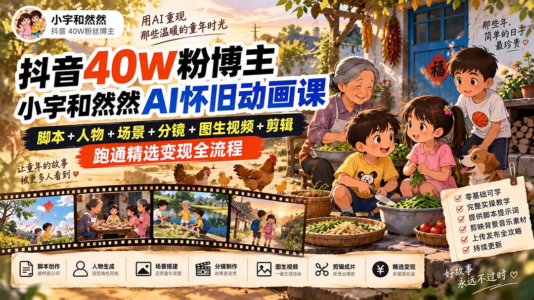 (20549期)抖音40W粉博主小宇和然然AI怀旧动画课|脚本+人物+场景+分镜+图生视频+剪辑,跑通精选变现全流程插图1 (20549期)抖音40W粉博主小宇和然然AI怀旧动画课|脚本+人物+场景+分镜+图生视频+剪辑,跑通精选变现全流程插图1