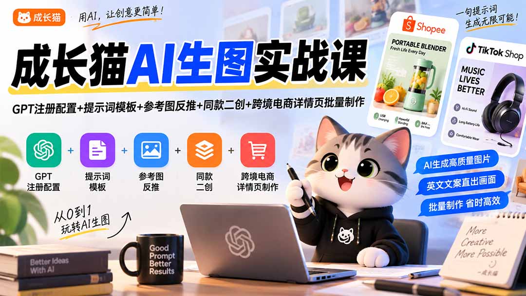 (20482期)成长猫AI生图实战课|GPT注册配置+提示词模板+参考图反推+同款二创+跨境电商详情页批量制作插图1 (20482期)成长猫AI生图实战课|GPT注册配置+提示词模板+参考图反推+同款二创+跨境电商详情页批量制作插图1