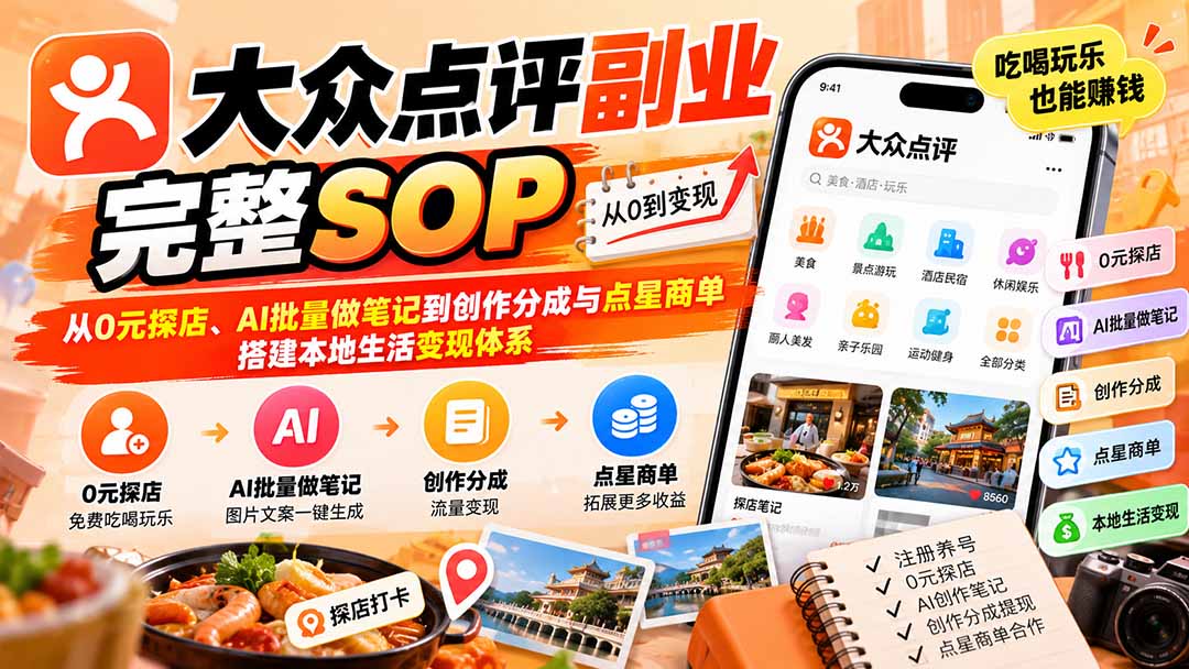 (20638期)【无水印】大众点评副业完整SOP:从0元探店、AI批量做笔记到创作分成与点星商单,搭建本地生活变现体系-网赚副业网