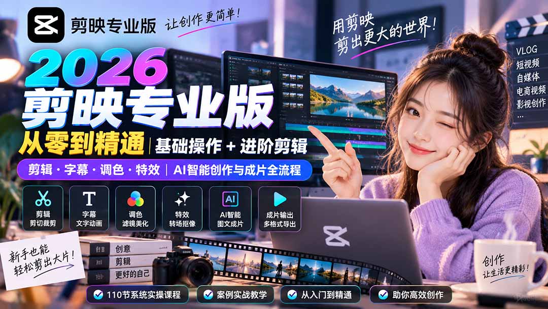 (20276期)2026剪映专业版从零到精通|基础操作+进阶剪辑|剪辑·字幕·调色·特效|AI智能创作与成片全流程-网赚副业网