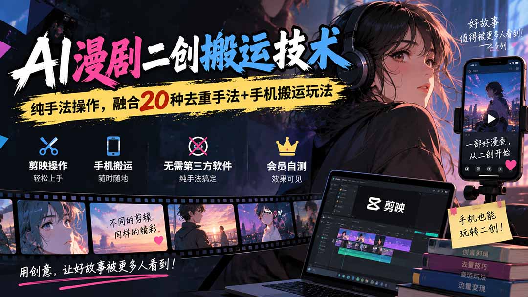 （20551期）AI漫剧二创搬运技术，纯手法操作，融合20种去重手法++手机搬运玩法-网赚副业网