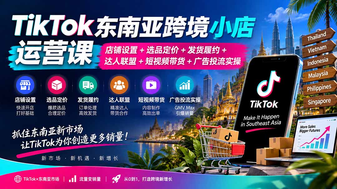 (20483期)TikTok东南亚跨境小店运营课:店铺设置+选品定价+发货履约+达人联盟+短视频带货+广告投流实操插图1 (20483期)TikTok东南亚跨境小店运营课:店铺设置+选品定价+发货履约+达人联盟+短视频带货+广告投流实操插图1