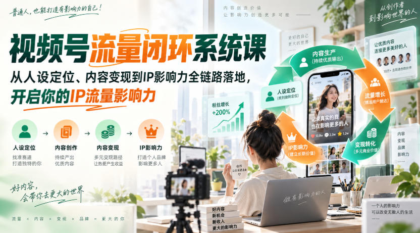 视频号流量闭环系统课,从人设定位、内容变现到IP影响力全链路落地,开启你的IP流量影响力-网赚副业网