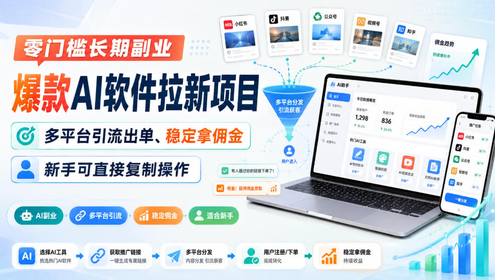 零门槛长期副业,爆款AI软件拉新项目,多平台引流出单、稳定拿佣金,新手可直接复制操作-网赚副业网