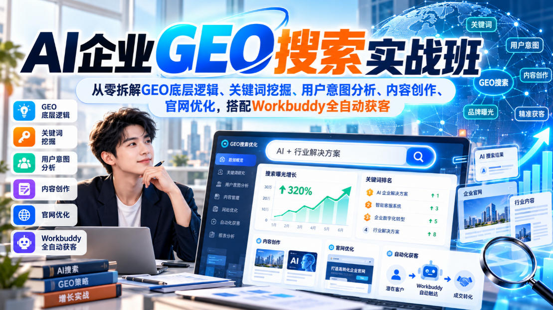 AI企业GEO搜索实战班,从零拆解GEO底层逻辑、关键词挖掘、用户意图分析、内容创作、官网优化,搭配Workbuddy全自动获客-网赚副业网