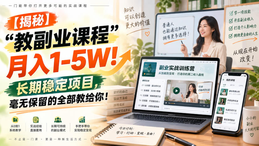 【揭秘】“教副业课程”月入1-5W!长期稳定项目,毫无保留的全部教给你!-网赚副业网