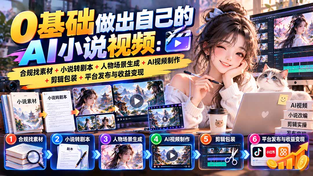 (20741期)0基础做出自己的AI小说视频:合规找素材+小说转剧本+人物场景生成+AI视频制作+剪辑包装+平台发布与收益变现-网赚副业网