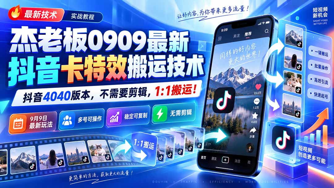 (20369期)杰老板0909最新抖音卡特效搬运技术,抖音4040版本,不需要剪辑,1:1搬运!-网赚副业网