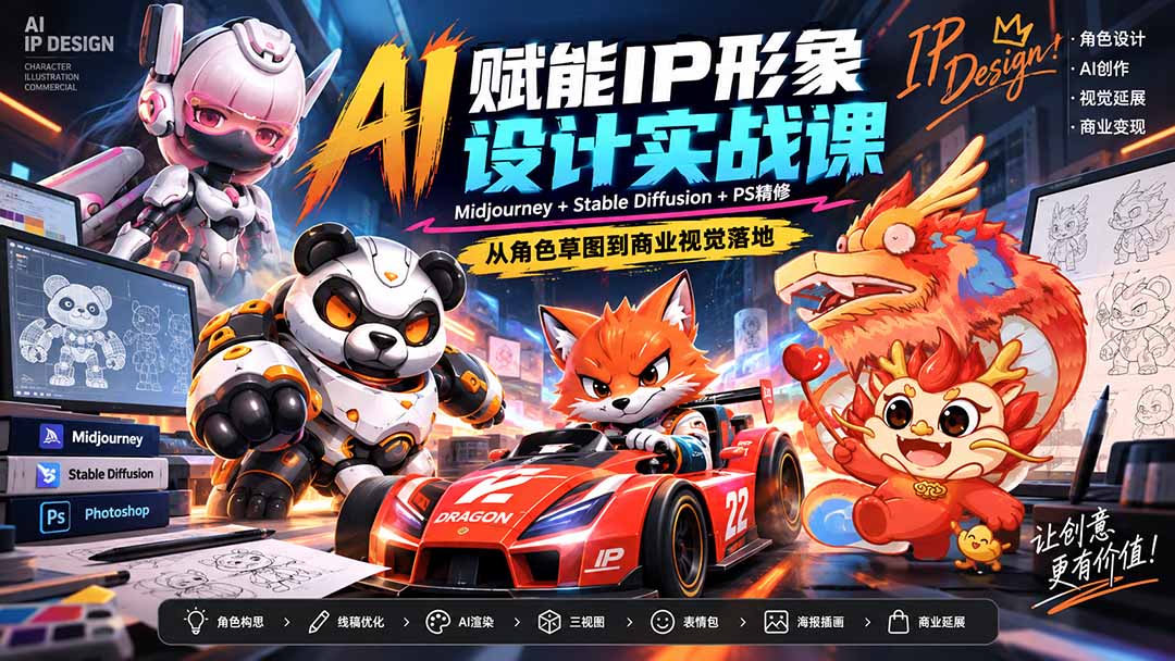 （20552期）AI赋能IP形象设计实战课-无水印：Midjourney+Stable Diffusion+PS精修，从角色草图到商业视觉落地-网赚副业网
