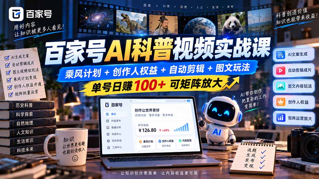 (20579期)百家号AI科普视频实战课:乘风计划+创作人权益+自动剪辑+图文玩法,单号日赚100+可矩阵放大-网赚副业网