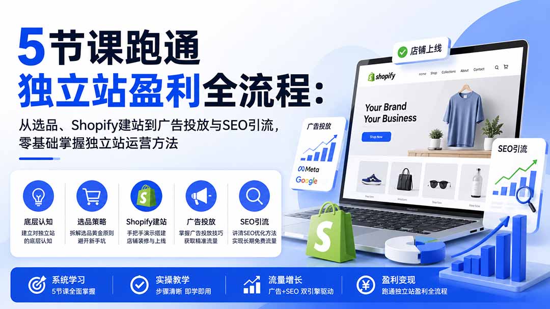 (20316期)5节课跑通独立站盈利全流程:从选品、Shopify建站到广告投放与SEO引流,零基础掌握独立站运营方法-网赚副业网