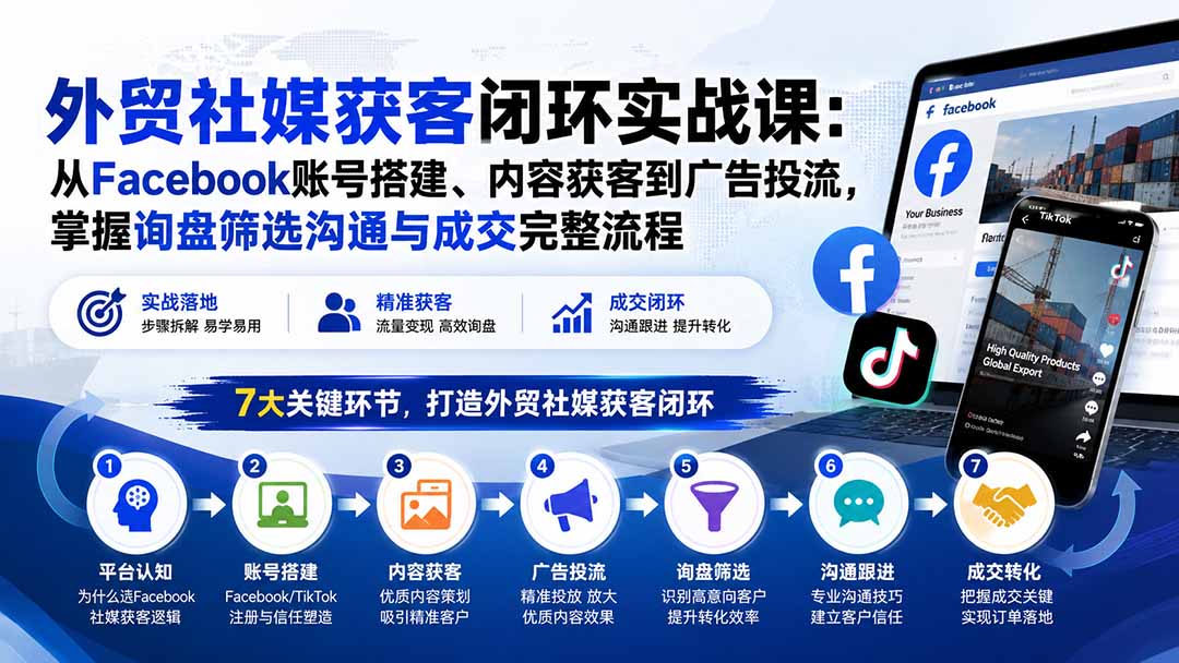 (20318期)外贸社媒获客闭环实战课:从Facebook账号搭建、内容获客到广告投流,掌握询盘筛选沟通与成交完整流程-网赚副业网