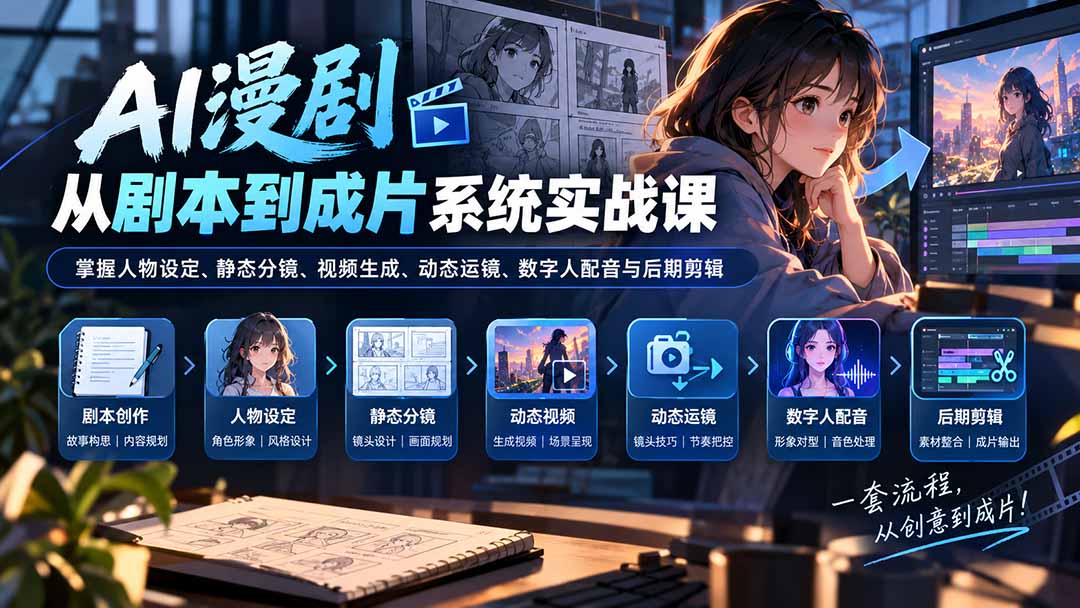 (20375期)AI漫剧从剧本到成片系统实战课:掌握人物设定、静态分镜、视频生成、动态运镜、数字人配音与后期剪辑插图1 (20375期)AI漫剧从剧本到成片系统实战课:掌握人物设定、静态分镜、视频生成、动态运镜、数字人配音与后期剪辑插图1