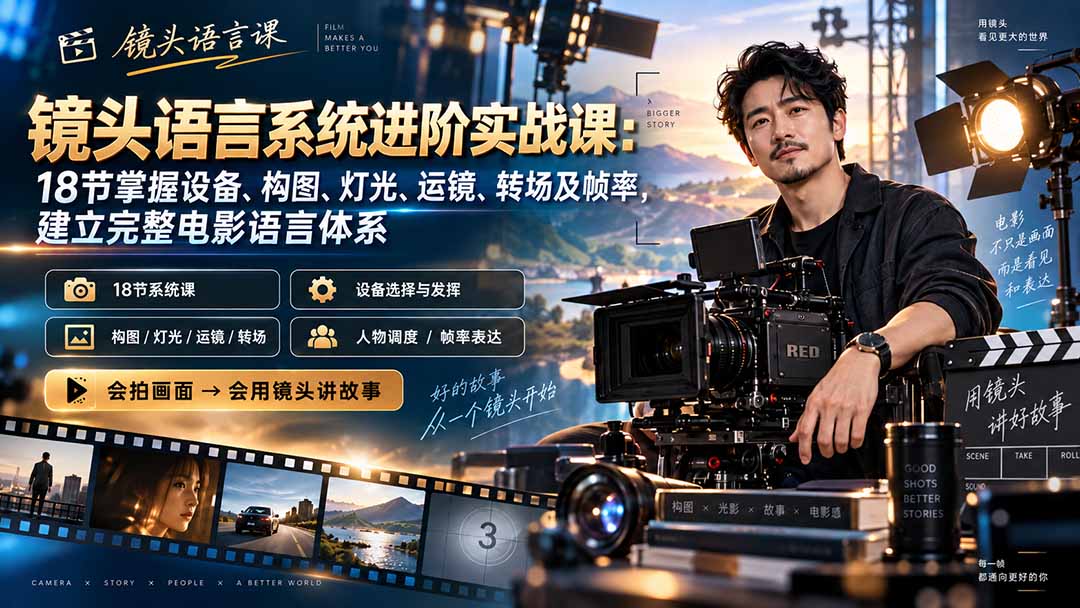 (20434期)镜头语言系统进阶实战课:18节掌握设备、构图、灯光、运镜、转场及帧率,建立完整电影语言体系-网赚副业网