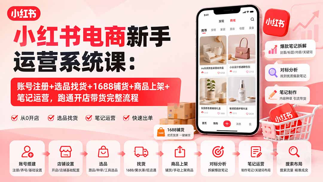 (20319期)小红书电商新手运营系统课:账号注册+选品找货+1688铺货+商品上架+笔记运营,跑通开店带货完整流程-网赚副业网