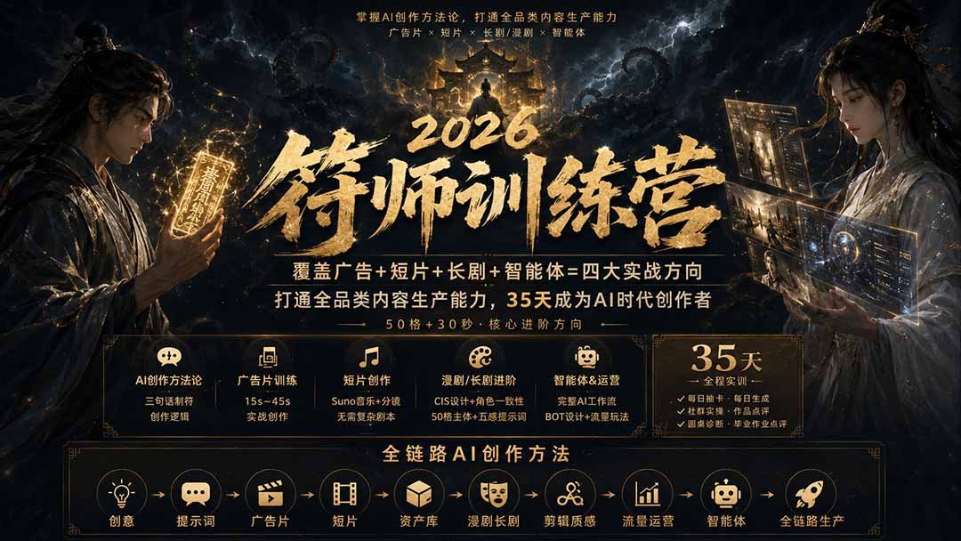 (20180期)符师训练营-35天成为AI时代创作者,广告+短片+漫剧+智能体四大实战方向,掌握从创意到上线的完整工作流插图1 (20180期)符师训练营-35天成为AI时代创作者,广告+短片+漫剧+智能体四大实战方向,掌握从创意到上线的完整工作流插图1