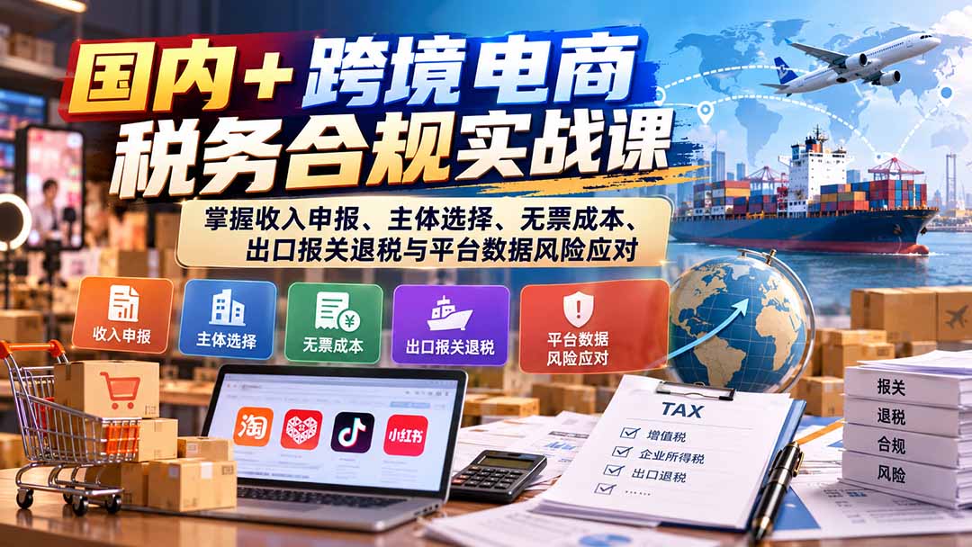 (20686期)国内+跨境电商税务合规实战课:掌握收入申报、主体选择、无票成本、出口报关退税与平台数据风险应对-网赚副业网