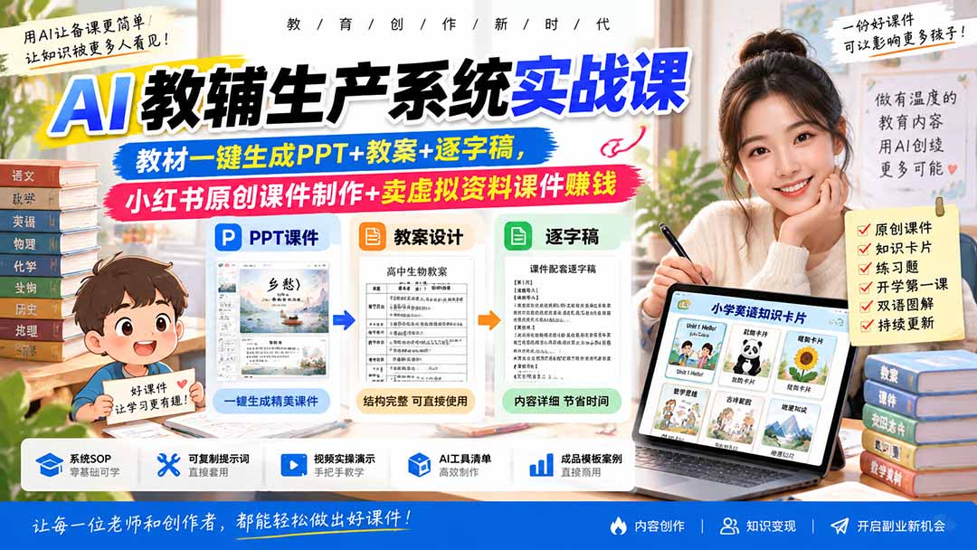 （20542期）AI教辅生产系统实战课｜教材一键生成PPT+教案+逐字稿，小红书原创课件制作+卖虚拟资料课件赚钱插图1