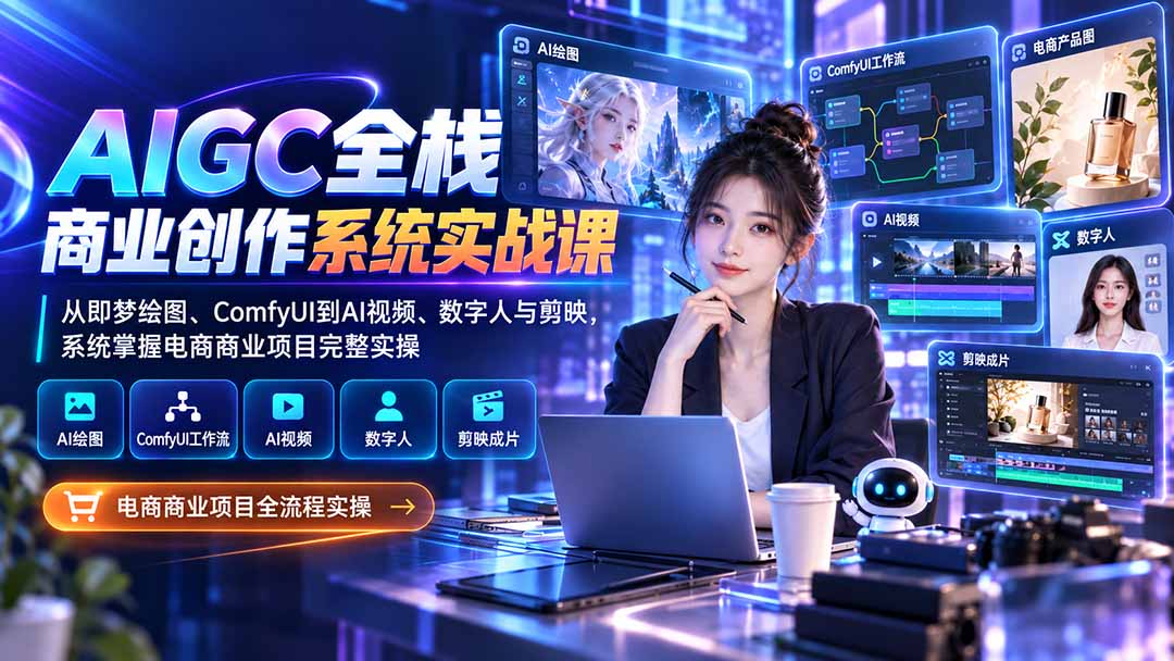 (20342期)AIGC全栈商业创作系统实战课:从即梦绘图、ComfyUI到AI视频、数字人与剪映,系统掌握电商商业项目完整实操插图1 (20342期)AIGC全栈商业创作系统实战课:从即梦绘图、ComfyUI到AI视频、数字人与剪映,系统掌握电商商业项目完整实操插图1