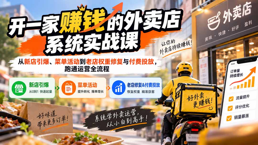 （20258期）开一家赚钱的外卖店系统实战课：从新店引爆、菜单活动到老店权重修复与付费投放，跑通运营全流程-网赚副业网