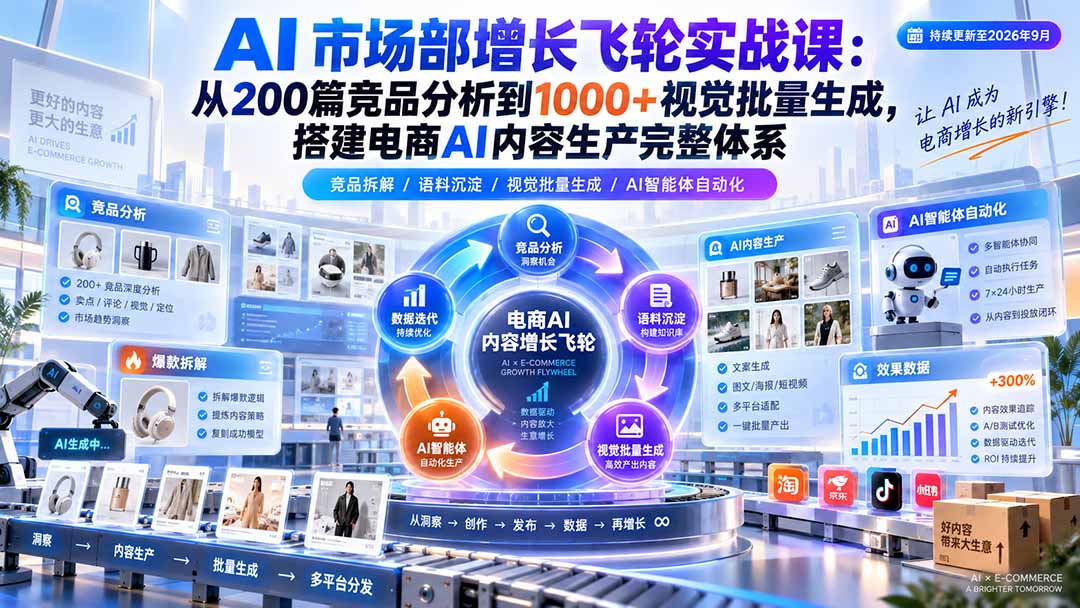 (20436期)AI 市场部增长飞轮实战课:从200篇竞品分析到1000+视觉批量生成,搭建电商AI内容生产完整体系-网赚副业网