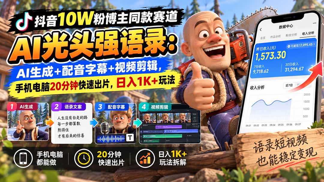(20687期)【无水印】抖音10W粉博主同款赛道AI光头强语录:AI生成+配音字幕+视频剪辑,手机电脑20分钟快速出片,日入1K+玩法-网赚副业网
