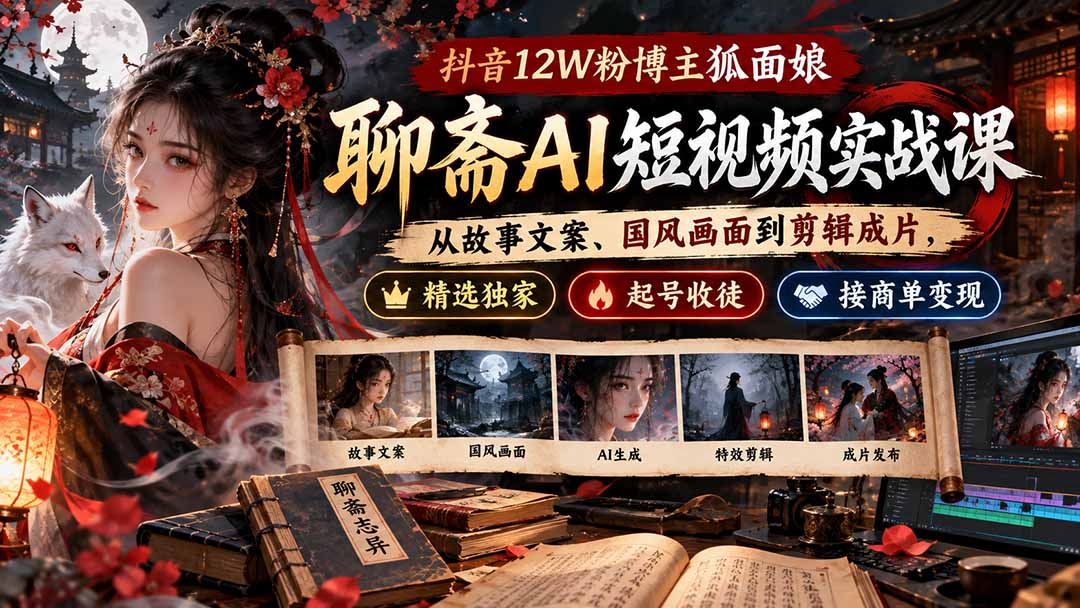 (20639期)抖音12W粉博主狐面娘-聊斋AI短视频实战课:从故事文案、国风画面到剪辑成片,精选独家+起号收徒+接商单变现-网赚副业网
