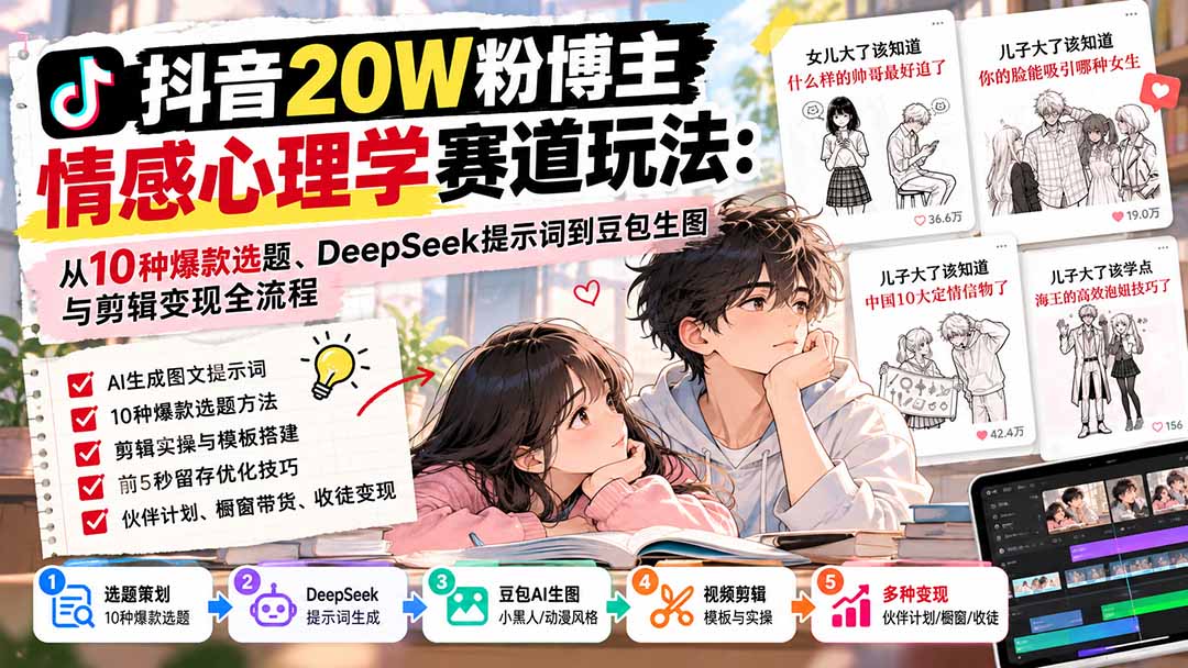 (20688期)抖音20W粉博主-情感心理学赛道玩法:从10种爆款选题、DeepSeek提示词到豆包生图与剪辑变现全流程-网赚副业网