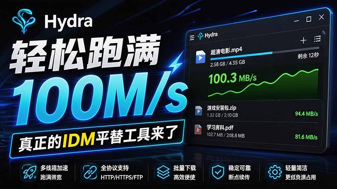 (20350期)轻松跑满100M/s,真正的IDM平替工具来了,开源多线程器,支持浏览器拓展,一键智能加速 Hydra Download Manager-网赚副业网