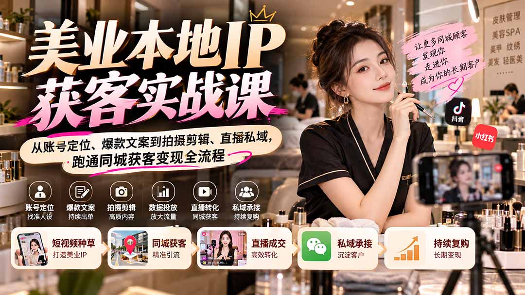 (20640期)【无水印】美业本地IP获客实战课:从账号定位、爆款文案到拍摄剪辑、直播私域,跑通同城获客变现全流程-网赚副业网
