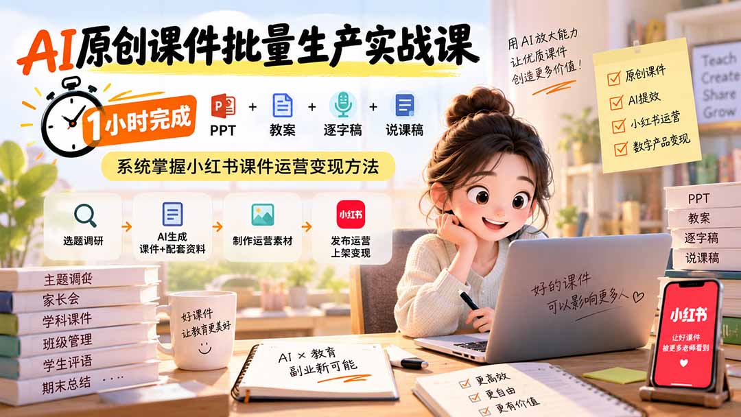 (20351期)AI原创课件批量生产实战课:1小时完成PPT+教案+逐字稿+说课稿,系统掌握小红书课件运营变现方法插图1 (20351期)AI原创课件批量生产实战课:1小时完成PPT+教案+逐字稿+说课稿,系统掌握小红书课件运营变现方法插图1