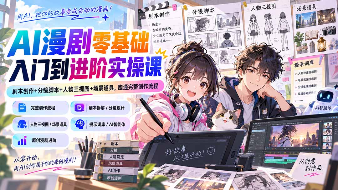 （20352期）AI漫剧零基础入门到进阶实操课：剧本创作+分镜脚本+人物三视图+场景道具，跑通完整创作流程-网赚副业网