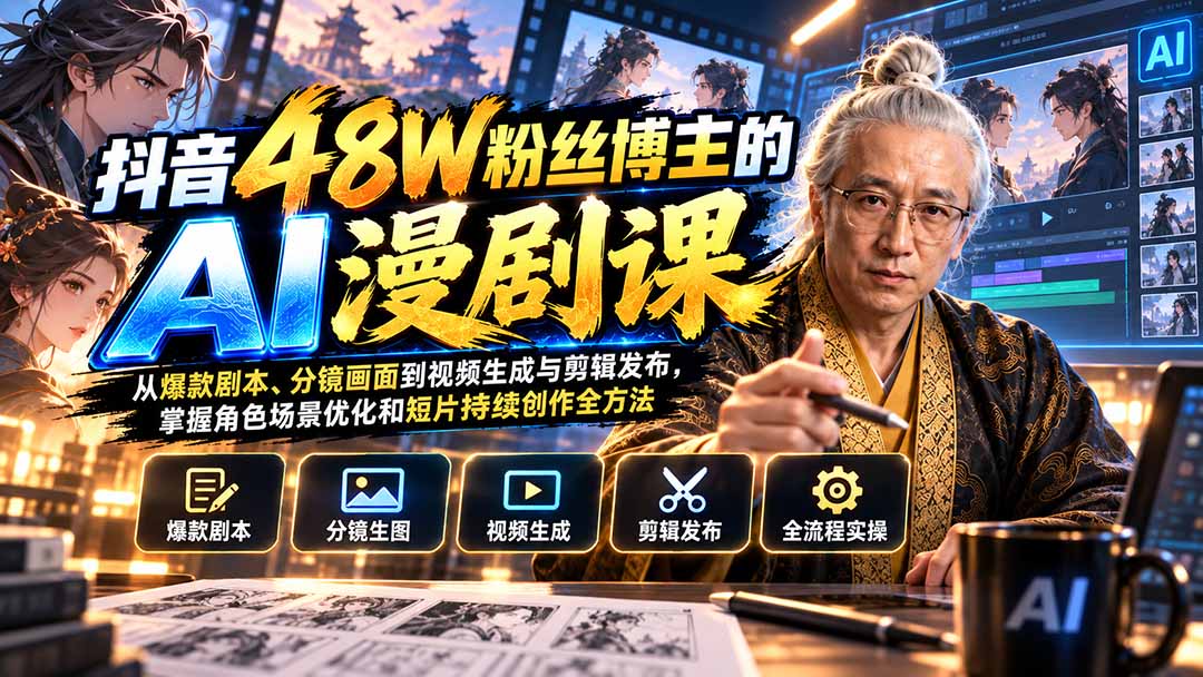 (20353期)抖音48W粉丝博主的AI漫剧课:从爆款剧本、分镜画面到视频生成与剪辑发布,掌握角色场景优化和短片持续创作全方法插图1 (20353期)抖音48W粉丝博主的AI漫剧课:从爆款剧本、分镜画面到视频生成与剪辑发布,掌握角色场景优化和短片持续创作全方法插图1