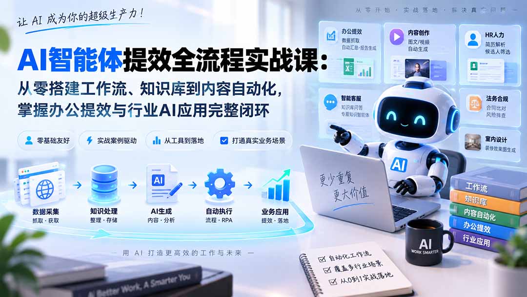 (20260期)AI智能体提效全流程实战课:从零搭建工作流、知识库到内容自动化,掌握办公提效与行业AI应用完整闭环插图1 (20260期)AI智能体提效全流程实战课:从零搭建工作流、知识库到内容自动化,掌握办公提效与行业AI应用完整闭环插图1