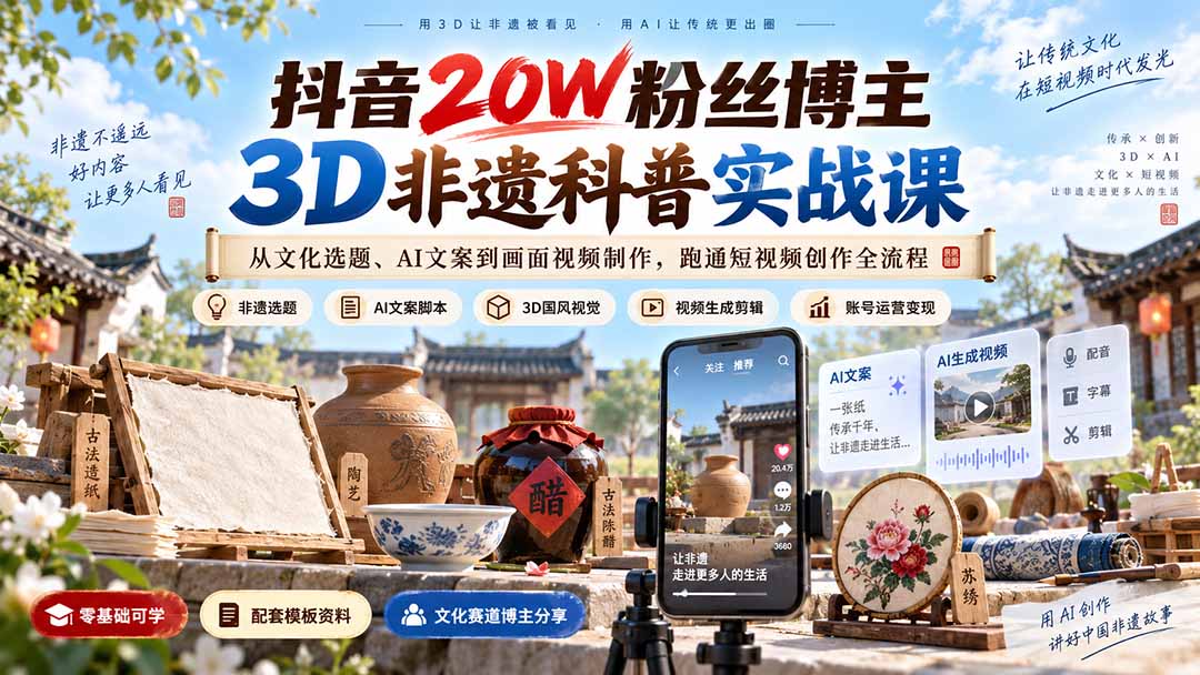 (20356期)抖音20W粉丝博主3D非遗科普实战课:从文化选题、AI文案到画面视频制作,跑通短视频创作全流程-网赚副业网