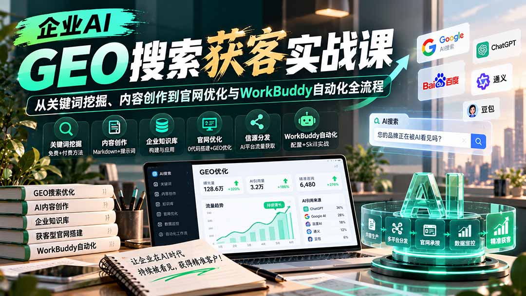 (20643期)企业AI GEO搜索获客实战课:从关键词挖掘、内容创作到官网优化与WorkBuddy自动化全流程插图1 (20643期)企业AI GEO搜索获客实战课:从关键词挖掘、内容创作到官网优化与WorkBuddy自动化全流程插图1