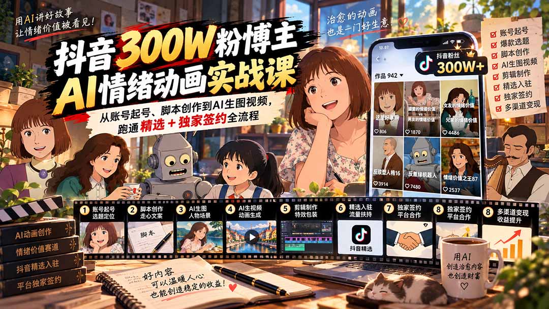 (20616期)抖音300W粉博主AI情绪动画实战课:从账号起号、脚本创作到AI生图视频,跑通精选+独家签约全流程-网赚副业网