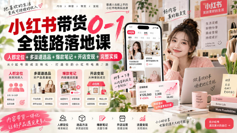 小红书带货0-1全链路落地课|人群定位+多渠道选品+爆款笔记+开店变现完整实操-网赚副业网