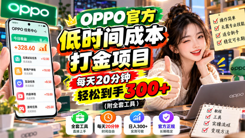 OPPO官方低时间成本打金项目,每天20分钟,轻松到手300+(附全套工具)【揭秘】-网赚副业网