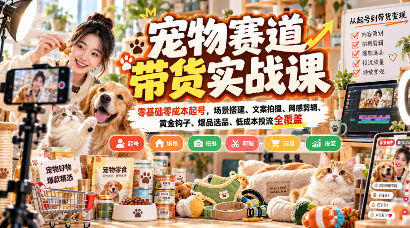 宠物赛道带货实战课，零基础零成本起号，场景搭建、文案拍摄、网感剪辑、黄金钩子、爆品选品、低成本投流全覆盖-网赚副业网